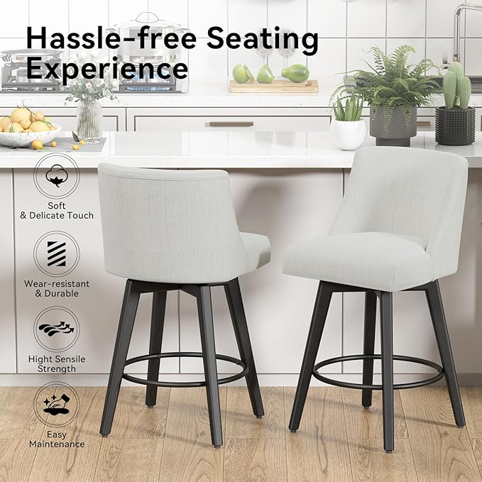 Counter Height Swivel Bar Stools Set of 3, 26 Inch Bar Stools with Footrest, Linen Fabric Upholstered Barstools with Back and Solid Wood Legs for Kitchen Island, Dining Room,Pub,White