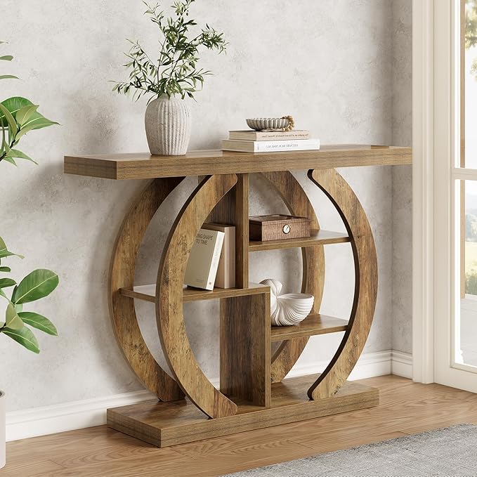 LITTLE TREE Console Table, 4-Tier Farmhouse Wooden Sofa Table Behind Couch, 42.5-Inch Narrow Entryway Hallway Foyer Tables for Living Room, Console Sofa Tables with Storage Shelves, Rustic Brown