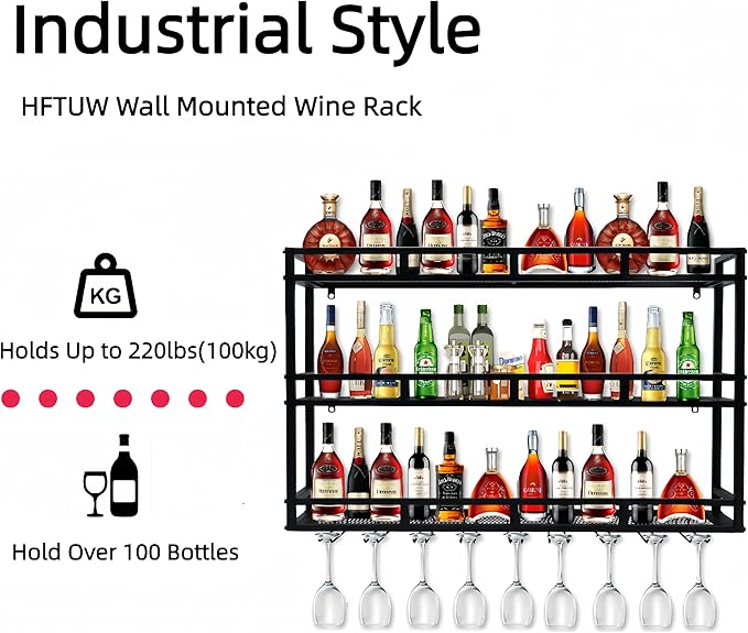 Metal Wine Rack Wall Mounted, Bar Shelves for Liquor Bottles with LED Light, 3 Tier Large Capacity Liquor Rack Wall Mounted with Glass Holder for Home Bar & Dining Room （Black, 31in/80cm）