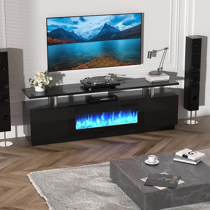 70" Fireplace TV Stand for TVs Up to 80", Entertainment Center with 36inch Fireplace, 12 Flame & LED Colors, 2-Tier TV Console & Storage Cabinet