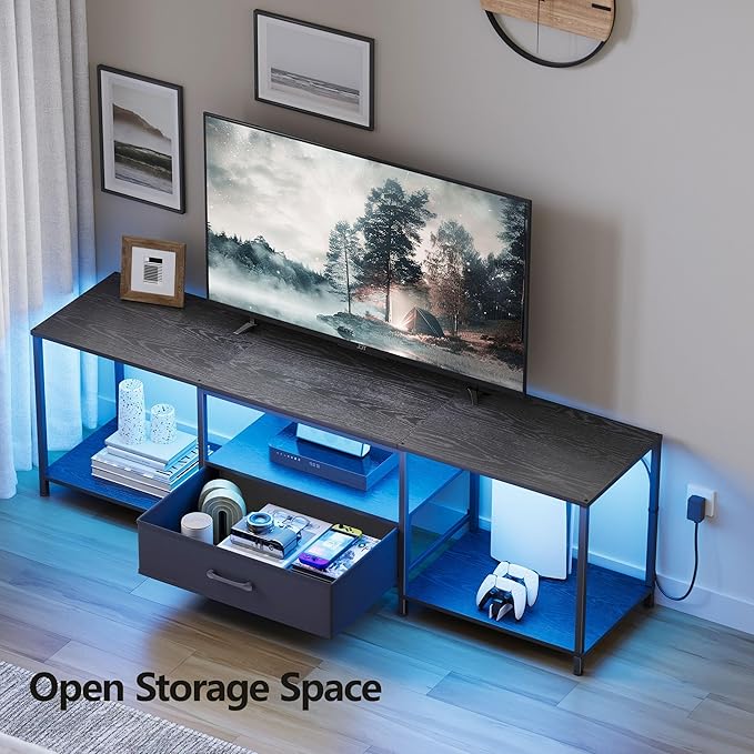 TV Stand with LED Lights, Entertainment Center with Open Shelves and Fabric Drawer, Media Console for 80 Inch TV, Television Stands for Living Room, Bedroom, Black