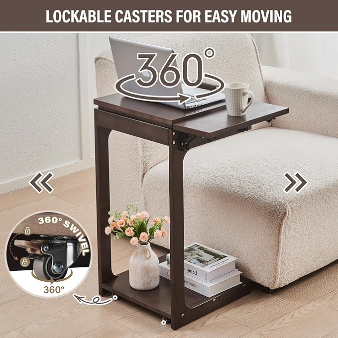 CozyDH Rolling Side Table with Wheels, Adjustable C Shaped End Table for Couch, Solid Wood TV Tray Sofa Arm Table for Eating Multi-Purpose, Small Coffee Table Living Room Bedroom, Walnut