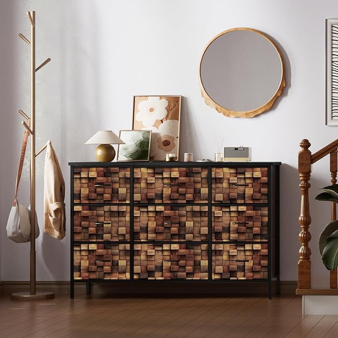 TV Stand with 9 Drawers, Chest of Drawers with Fabric Bins, Black Wood Top Dresser for Bedroom, Storage Organizer Cabinet for Closet (Brown)
