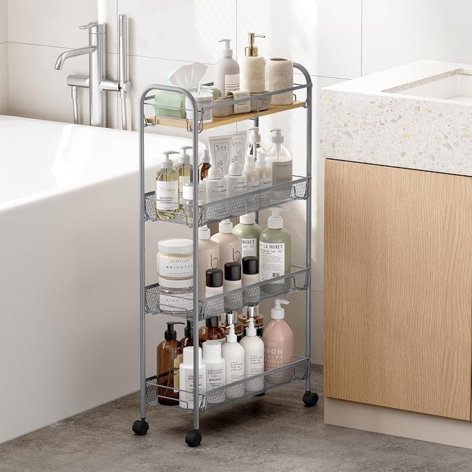 KINGRACK Metal Slim Rolling Cart,4-Tier Metal Utility Cart,Storage Cart with Wooden Tabletop, for Narrow Space on Laundry Bathroom Kitchen Room Bedroom Apartments Dormitory (Light Grey, Slim)