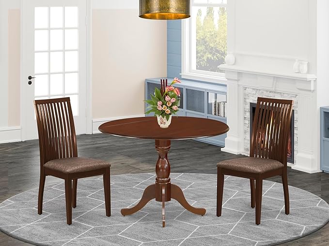 East West Furniture DMIP3-MAH-C 3 Piece Dining Set Contains a Round Dining Room Table with Dropleaf and 2 Linen Fabric Upholstered Chairs, 42x42 Inch, Mahogany