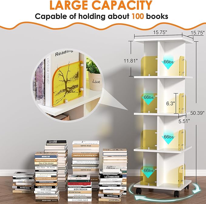 VECELO 4-Tier Rotating Bookshelf on Wheels, Revolving Bookcase Tower, Mobile Book Rack with Acrylic Windows, Narrow Rolling Bookshelves for Small Space, Corner, Bedroom, Office, White