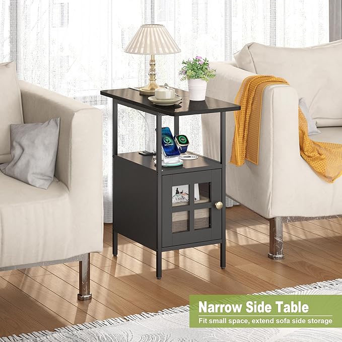 Farmhouse Narrow Side Table with Charging Station - 3-Tier End Table with USB & Outlets Compact Bedside Storage Table for Small Spaces, Multi-Functional Accent Table for Couch Corner Entryway Black