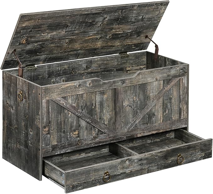 HOOBRO Storage Chest, 39.3" Toy Chest with Drawer, Wooden Storage Bench, Sturdy Entryway Bench Supports 220 lb, Shoe Bench, Safety Hinge, U-Shaped Opening, Easy Assembly, Vintage Gray VP710CW01G1