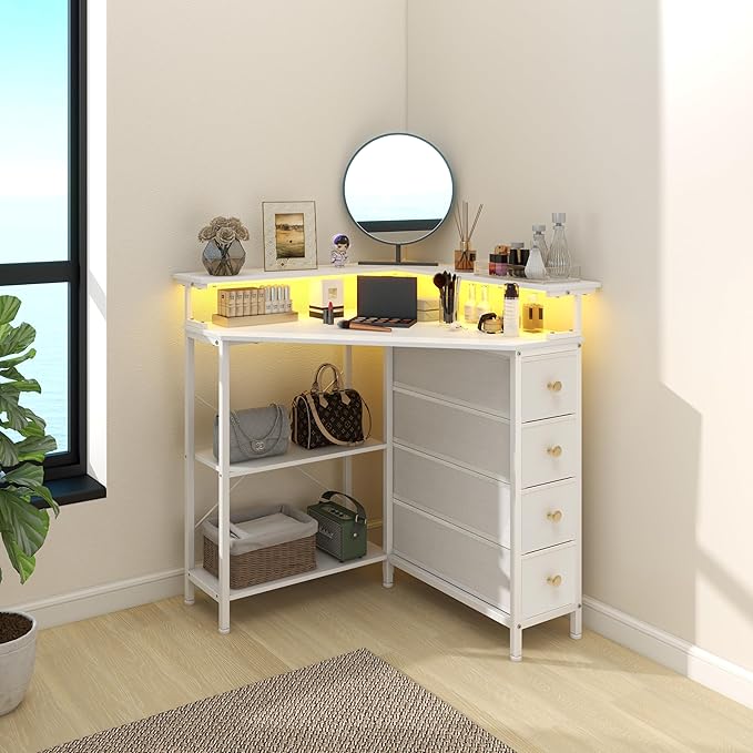 Corner Desk with Drawers Shelves for Small Space 90 Degrees Triangle Computer Desk with Power Outlets,Gaming Desk with LED Lights Monitor Stand for Home Office Workstation Writing Table (White)