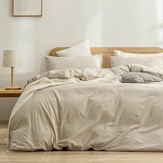 BESTOUCH Duvet Cover Set 100% Washed Cotton Linen Feel Super Soft Comfortable Chic Lightweight 3 PCs Home Bedding Set Solid Almond Milk Grey Cal King