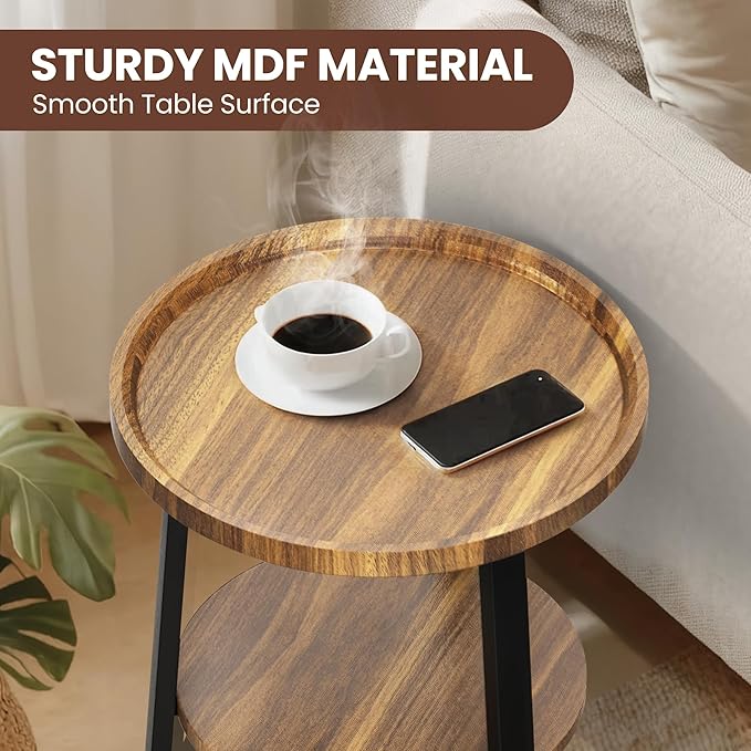 PPAMAPIC Round End Table, 2 Tier Side Table with Storage Shelf, Nightstand Accent Table for Living Room Bedroom Small Space, Black Metal Frame, 19.7" D x 23.6" H, Rustic Brown