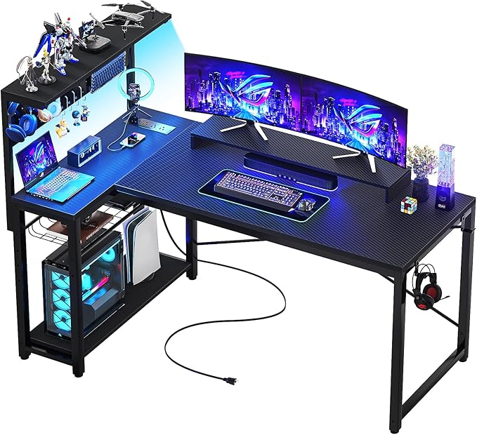 Homieasy Small Gaming Desk with Power Outlets Pegboard LED Light, 51 Inch L Shaped Computer Desk with Monitor Stand Storage Shelves, Reversible Corner Desk with Headset Hooks, Carbon Fiber Black