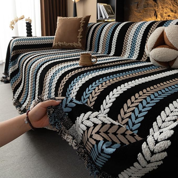 STACYPIK Boho Chenille Sofa Cover, Soft Jacquard Leaves Couch Cover, Non-Slip Loveseat Cover for Sectional Sofa, Washable Pet Protector for 3 Cushion Couch,Multi-use Vintage Throw Slipcover-71x150IN