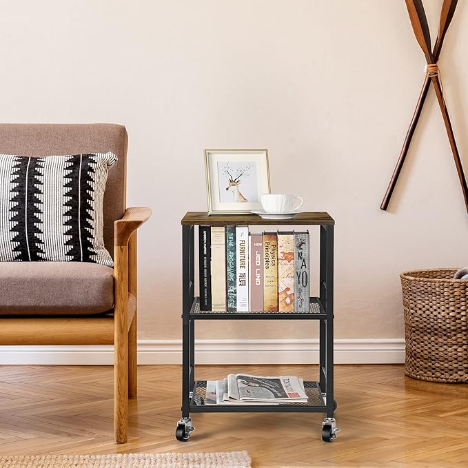 OYEAL Small Nightstand Industrial Square End Table with Storage Shelf Farmhouse Sofa Side Table for Small Spaces, Narrow Bedside Table for Living Room Bedroom, Stable Metal Frame, Rustic Brown