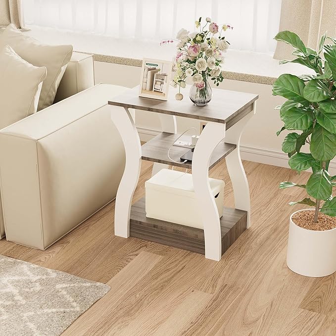 End Tables for Living Room, Side Tables with Charging Station, 3-Tier Night Stand Set of 2, USB Ports & Outlets, Storage Shelf - for Bedroom, Office, Bathroom, White
