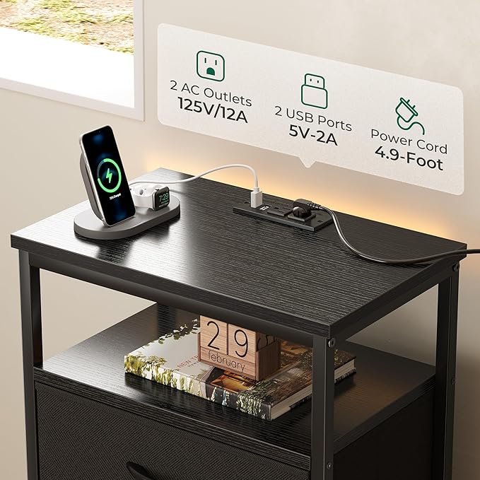 Huuger Nightstands Set of 2, 27.6 Inch End Tables with Charging Station, Bed Side Tables with Fabric Drawers, USB-C Port and Outlet, Night Stands for Bedroom, Black