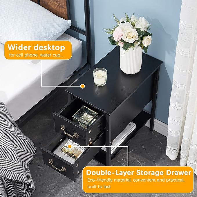 VECELO End Tables,Narrow Nightstand with Drawers and Storage Shelf,Modern Night Stand for Small Spaces, Living Room,Bedroom
