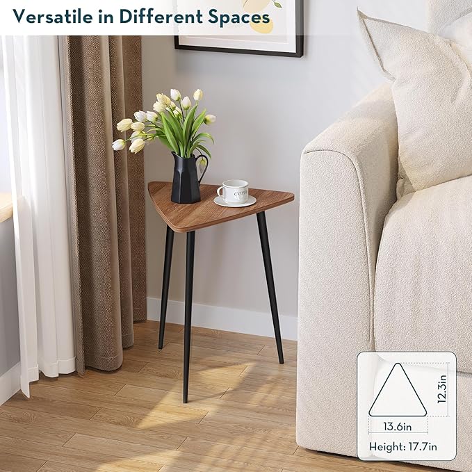 SAYGOER Small Triangle Side Table, Mid Century Modern Walnut End Table, Unique Night Stand Bedside Table Retro Accent Sofa Table for Living Room Bedroom,Medal Black Frame 13.5" W x 12.3" D x 17.7" H