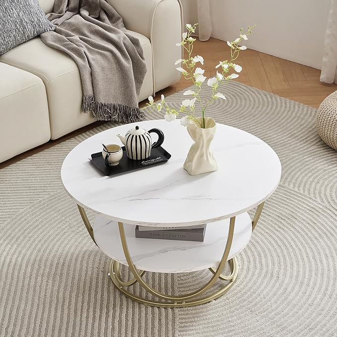 Elephance Round Coffee Table with Storage, 30 Inch Modern Coffee Table for Living Room,Wooden Tabletop-Marble White Print with Gold Frame