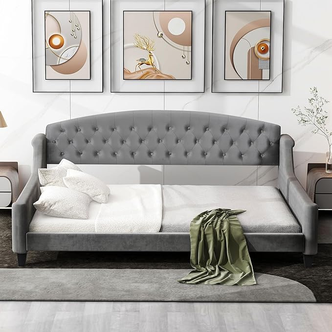 Full Size Modern Luxury Tufted Button Daybed, Stylish Wood Upholstered Day Bed,No Box Spring Required, Easy Assembly,for Bedroom,Living Room and Guest Room,Den,Office,Gray