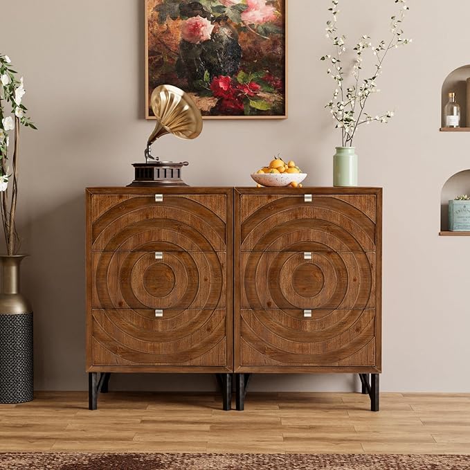 COSIEST Nightstand, Rustic End Table with 3 Drawers, Vintage Wood Bedside Table with Strudy Legs, Modern Side Table Accent Nightstand for Bedroom, Living Room(Brown,2 Pieces)