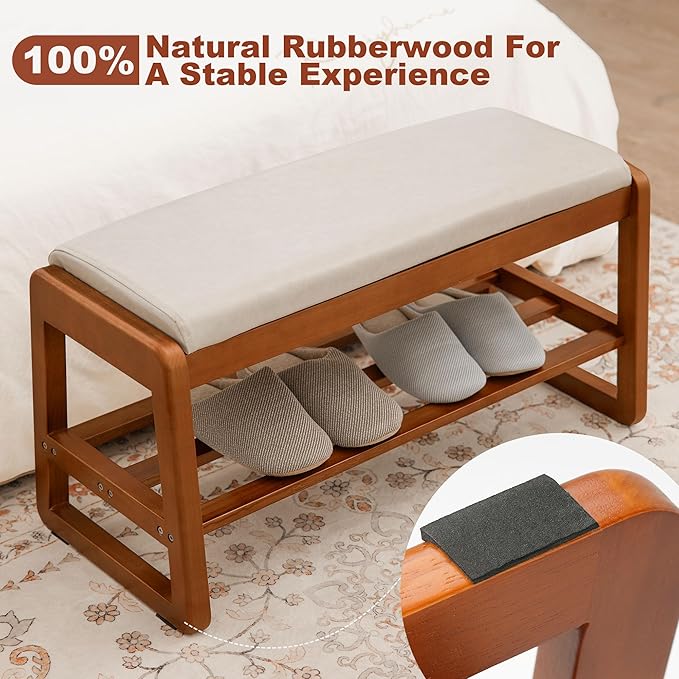 Shoe Bench Storage Rubberwood with Leather Cushion 31.5", Waterproof Easy to Clean 550LBS Organizer Shoe Rack for Entryway, Hallway, Mudroom, Front Door