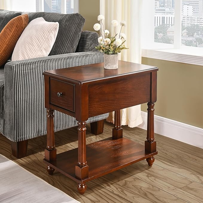 Narrow End Table with Drawer and Storage Shelf, Solid Wood Sofa Side Tables for Living Room, Slim Beside Table-, Vintage Telephone Tabless for Small Spaces, No-Tools Assembly Vintage Walnut BBJ004DWA