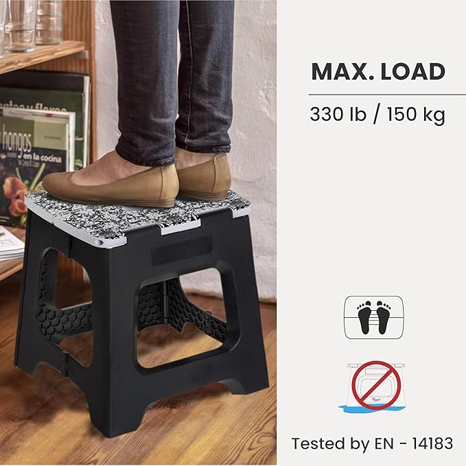 Vigar Compact Step Stool Foldable, 12-1/2-inch Step Stools for Adults up to 330 Pound, Lightweight Stool, Non-Slip Folding Step Stool, Rococco Black