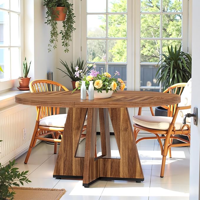 Round Dining Table for 4, 47 Inch Dinner Table Farmhouse Wooden Circle Kitchen Tables with Cross Base for Dining Room, Kitchen, Living Room, Vintage Brown