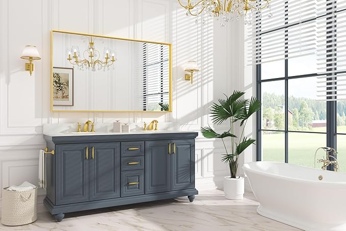 Keonjinn Gold 60 x 36 Inch Brushed Gold Metal Framed Rectangular Wall Mirror
