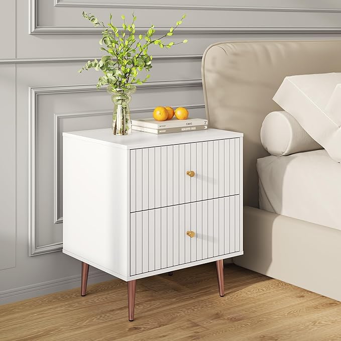 White Night Stand Set 2,Modern Bedside Table with 2 Drawers Storage,Fluted Nightstand and Wood End Side Table with Rose Gold Metal Legs and Handles for Bedroom,White
