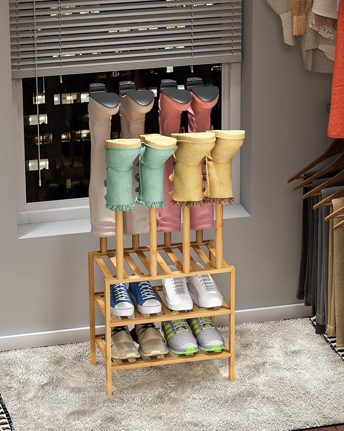Small Boot Rack with Shoe Rack, Boot Rack Organizer Tall Boots for Closet, Bamboo Wood Shoe Shelf Storage Organizer for Entryway Small Space