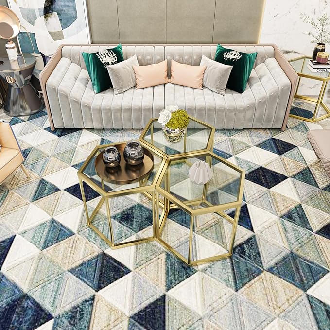 Gold Glass Coffee Table Modern Glass Center Table, Hexagon Free Combination Coffee Table Small End Tables for Living Room Set of 3