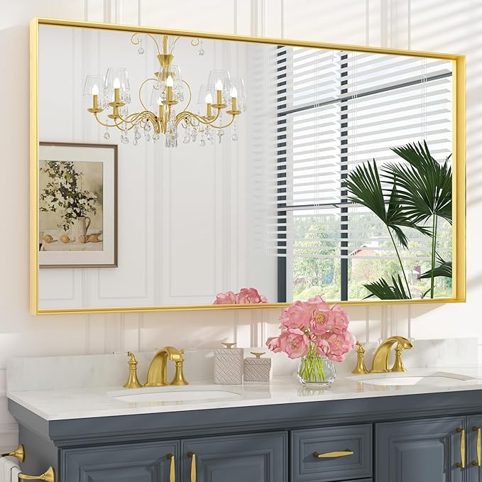 Keonjinn Gold 60 x 36 Inch Brushed Gold Metal Framed Rectangular Wall Mirror
