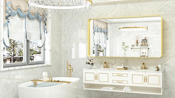 TokeShimi 60 x 28 Inch Brushed Gold Bathroom Vanity Mirror for Wall with Non-Rusting Aluminum Alloy Matte Metal Frame for Modern Farmhouse Home Decor (Horizontal/Vertical)