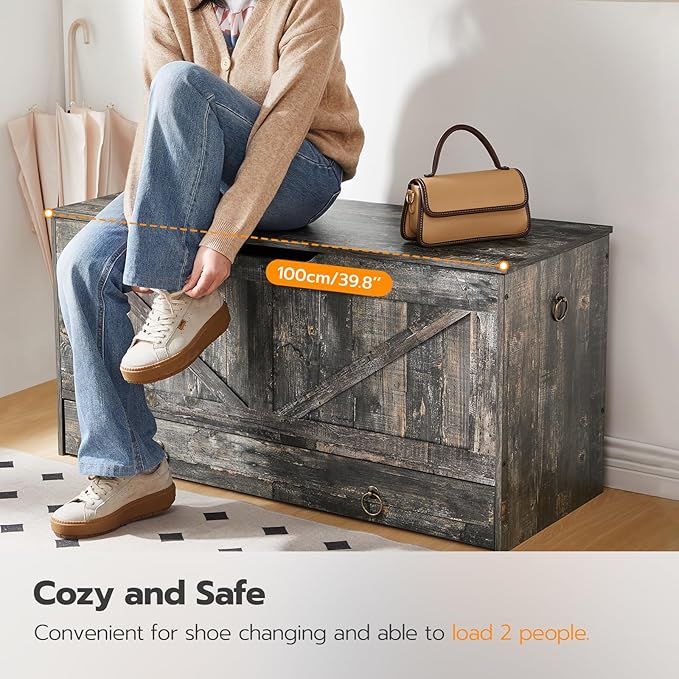 HOOBRO Storage Chest, 39.3" Toy Chest with Drawer, Wooden Storage Bench, Sturdy Entryway Bench Supports 220 lb, Shoe Bench, Safety Hinge, U-Shaped Opening, Easy Assembly, Vintage Gray VP710CW01G1