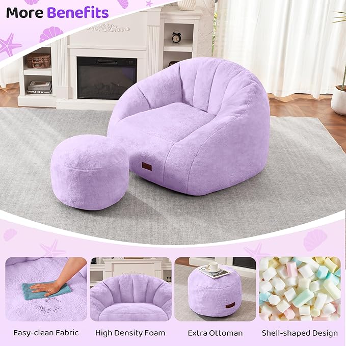 HABUTWAY Bean Bag Chair, Giant Bean Bag Chairs for Adults with Ottoman, Comfy Faux Fur Shell-Shaped Bean Bag Couch, Sofa Chair for Living Room, Bedroom, Purple
