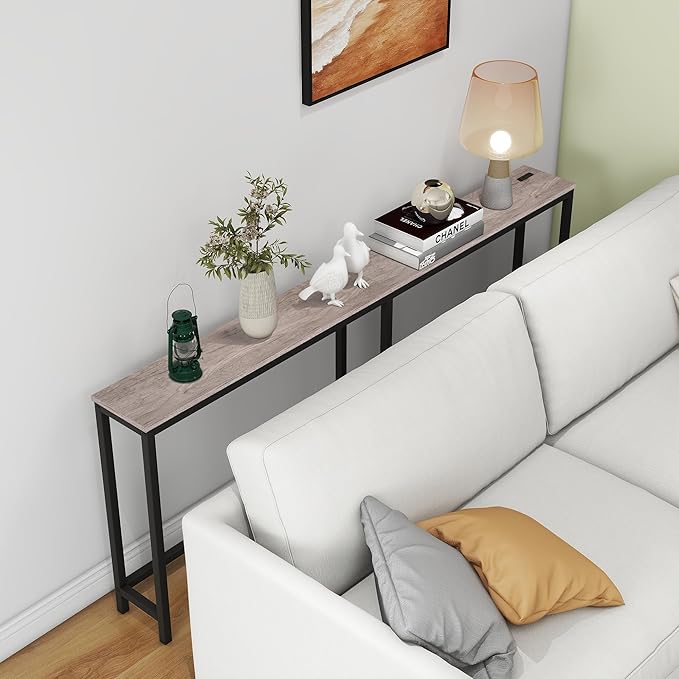 HOMERECOMMEND Sofa Tables Console Table with USB Ports,Behind Couch Table with Oulets & USB Ports,Narrow Entryway Table, Skinny Hallway Tables,Grey