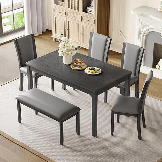 KEIKI 6-Piece Standard Height Dining Table Set with Rectangular Table, 4 Upholstered Chair, Bench, for 6 Person, Farmhouse Rustic Style Table Set, Easy Assembly, for Kitchen, Dining Room, Gray
