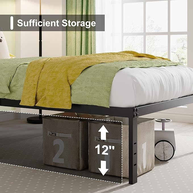 EMODA Queen Bed Frame No Box Spring Needed 14 Inch Heavy Duty Metal Platform BedFrame Queen Size with Steel Slats, Easy Assembly, Black