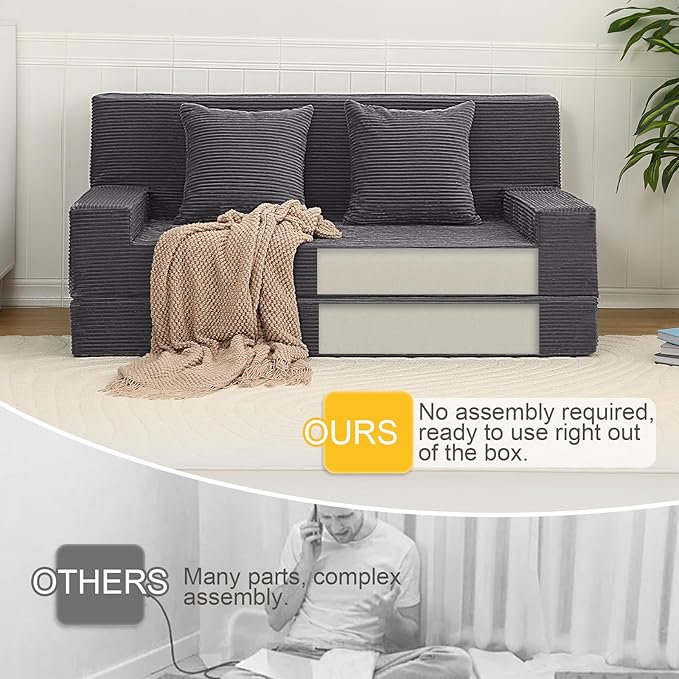 MeMoreCool Boneless Folding Sofa Bed Queen, Corduroy Convertible Sleeper Chair, Foldable Foam Mattress Chair, Comfy Fold‑Out Futon Couch Bed, Large Floor Sofa Couch for Living Room Guest