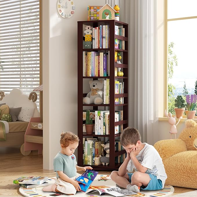 Homykic Rotating Bookshelf, Bamboo 360 Display Spinning Bookshelf Tower, 5-Tier Small Corner Bookcase for Small Spaces, Narrow Revolving Book Shelf Organizer Rack for Home Office, Espresso
