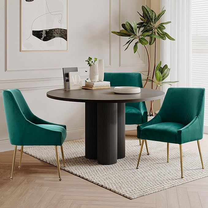 Modern Velvet Dining Chairs Set of 4, Contemporary Upholstered Furniture Collection with Polished Gold Metal Legs, Elegant Accent Chairs for Kitchen Living Room(Green)