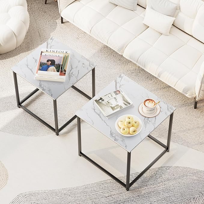 Garden 4 you Coffee Table Set of 2, Modern Faux Marble Nesting Table, Metal Frame Square Center Table Set, Side Tables, Nesting Coffee Table for Living Room, Bedroom and Small Spaces, 19.7in Black