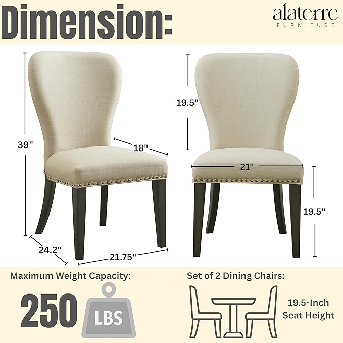 Alaterre Furniture Savoy Upholstered Dining Chairs – Set of 2 Parsons Style Accent Chairs with Cream Linen Fabric, Nailhead Trim, and Dark Stained Legs – for Dining Room, Desk, or Sitting Area