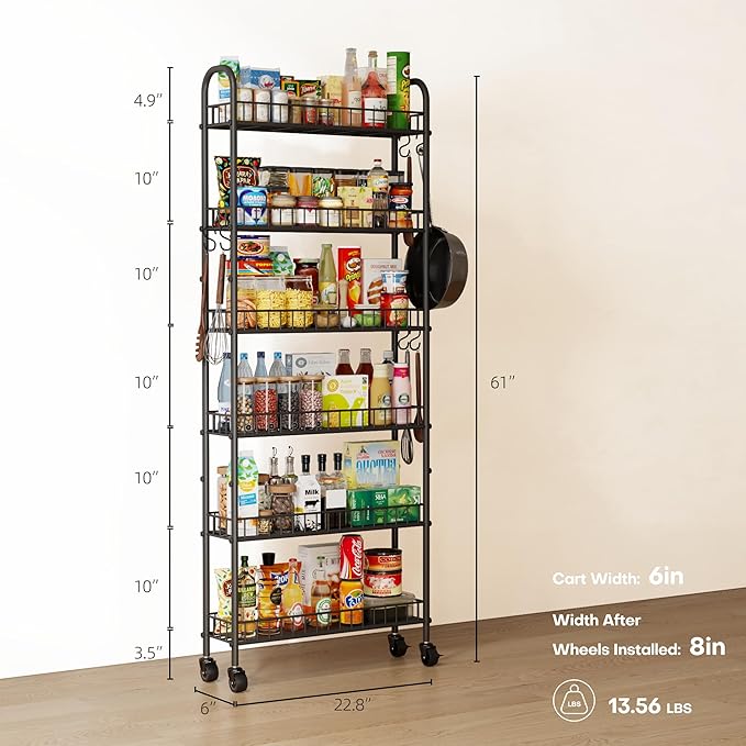 6-Tier Slim Storage Cart, Rolling Kitchen Cart with Wheels, Narrow Metal Shelf Organizer with Hooks for Kitchen, Bathroom, Living Room, Laundry, Small Spaces (Black, 6 in)