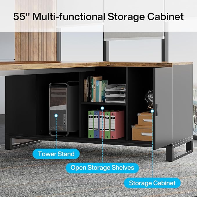 Tribesigns 70.8" Executive Desk with 55" File Cabinet, Modern L Shaped Computer Desk with Storage Shelves and Cabinet, Large L Shaped Executive Desk for Home Office, Rustic Brown & Black
