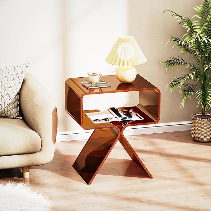 Acrylic Nightstand Side Table Modern Design Clear Home Decor Display End Table for Living Room (Dark Brown)