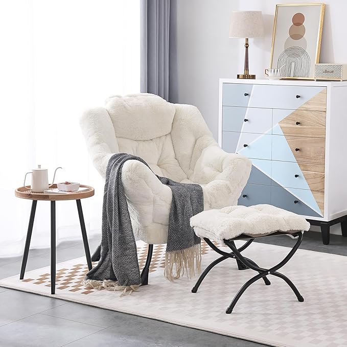 LITA Lazy Chair with Ottoman, Modern Accent Leisure Upholstered Sofa Chair, Lounge Reading Chair with Armrests and a Side Pocket for Living Room, Bedroom & Small Space, Plush Beige