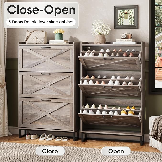 Maupvit Shoe Storage Cabinet with 3 Flip Drawers, Freestanding Organizer with Metal Legs for Entryway, Narrow Shoe Rack Cabinet, Washed Gray
